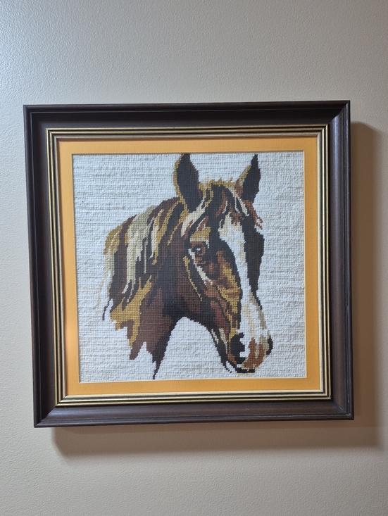 Hand Crafted Other - VINTAGE Horse Embroidery Needlepoint Framed Wall Art